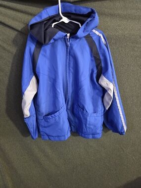 Athletic Works Blue Hooded Kids Rain Jacket with White & Black Accents